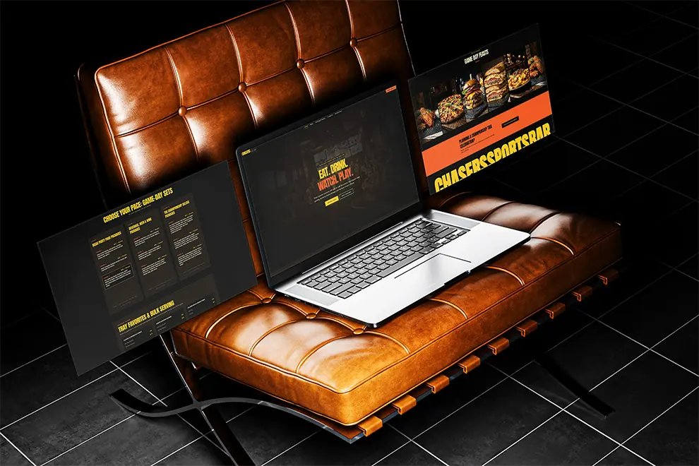Chasers Sports Bar website mockup showing draft beers and game day boards.