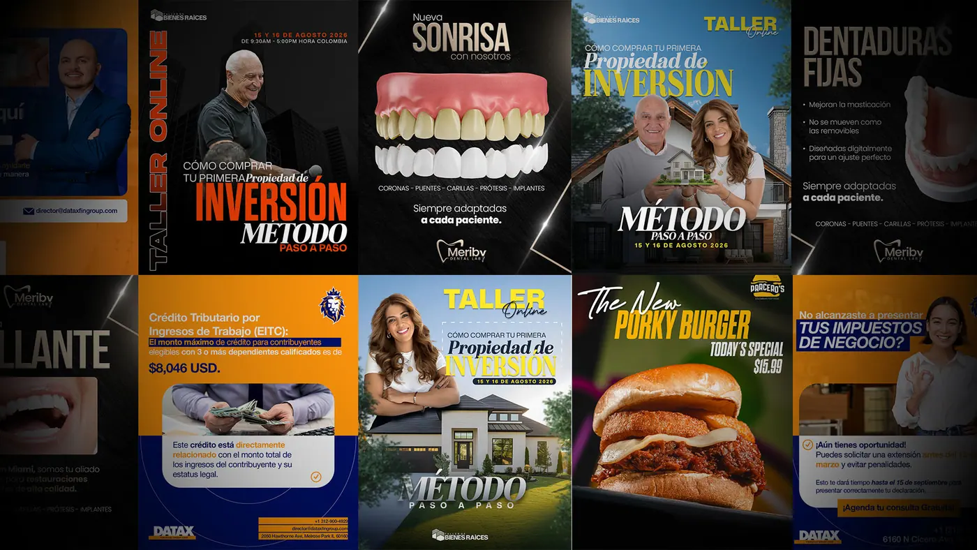 Social media campaign banner featuring dental, real estate, restaurant, and educational promotional designs.