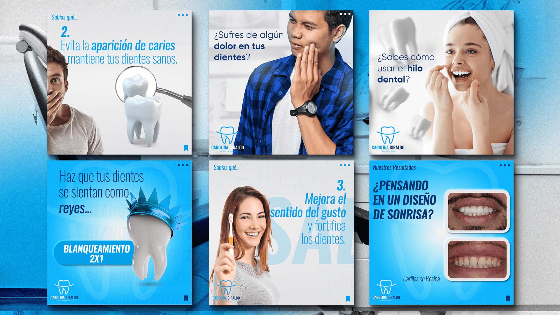 Dental education social media campaign system in blue and white.
