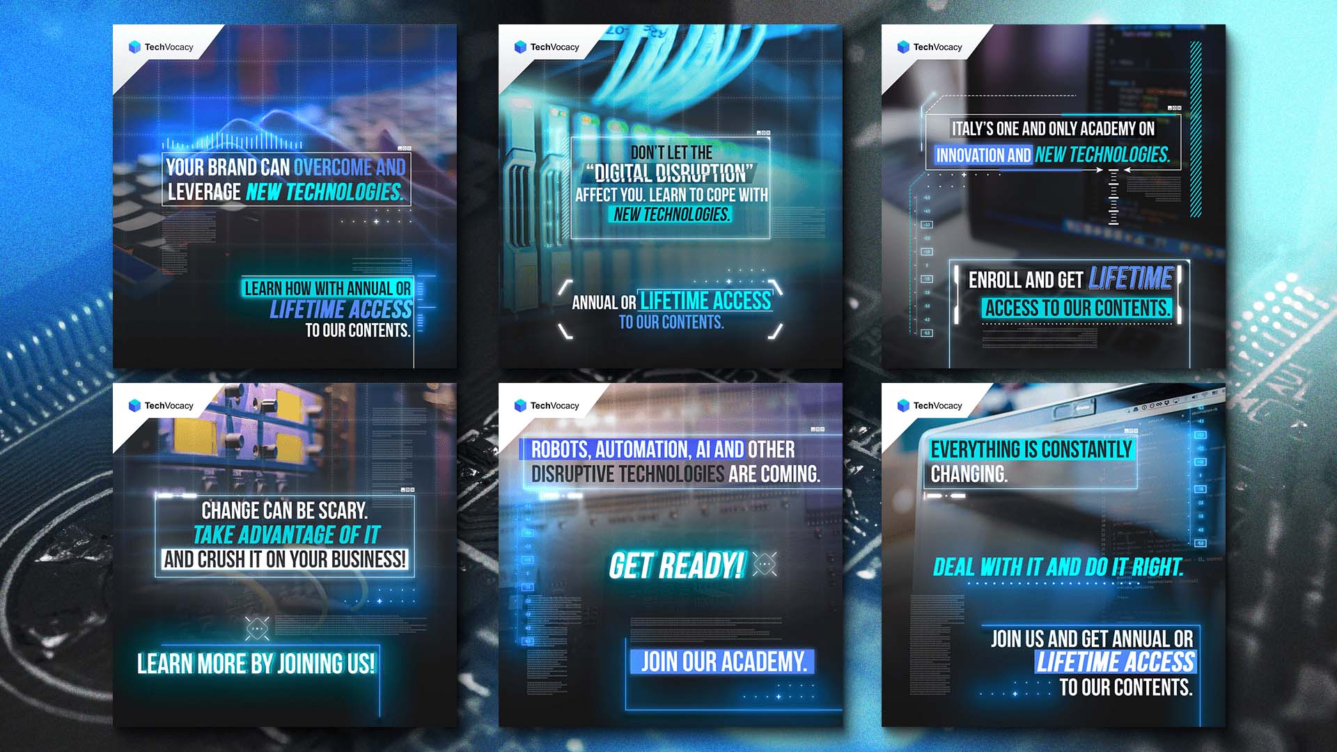 Technology academy social media campaign with futuristic blue graphics.