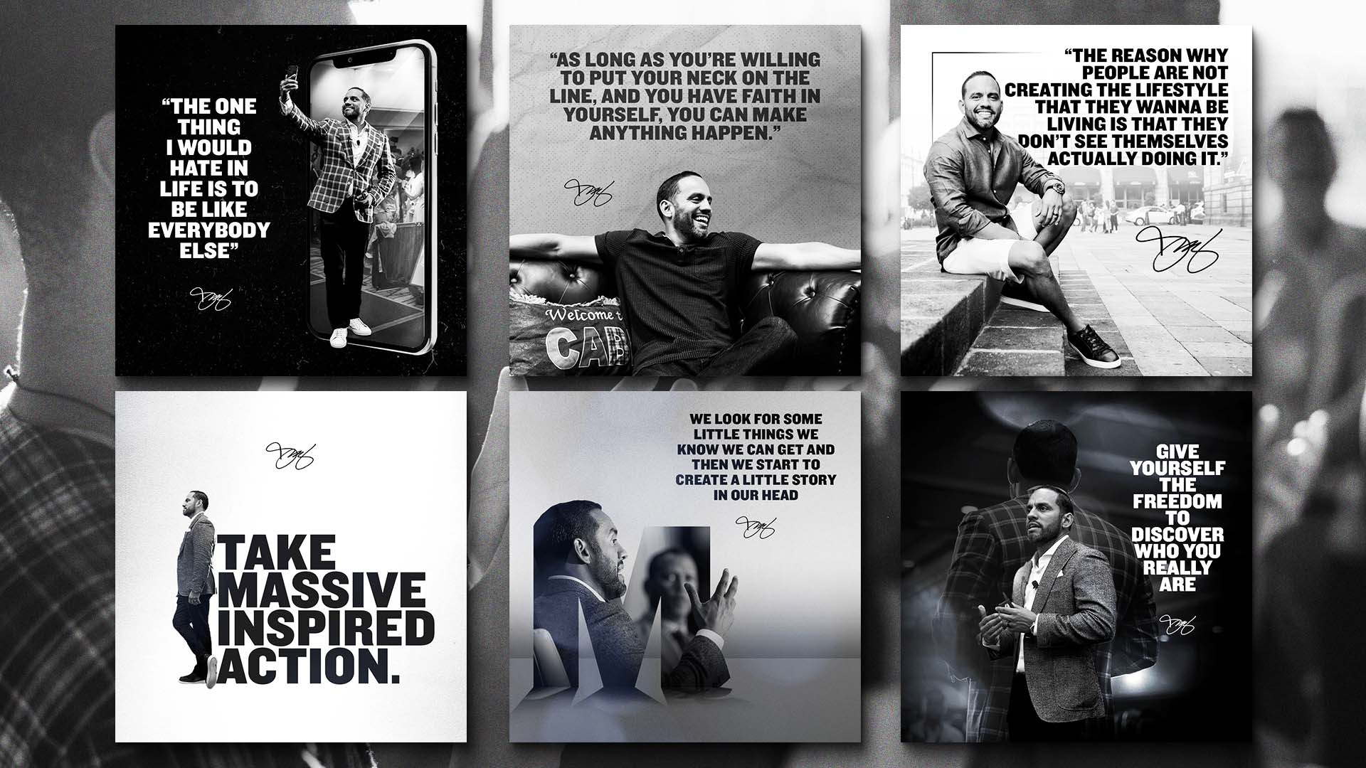 Black and white motivational speaker social media campaign.