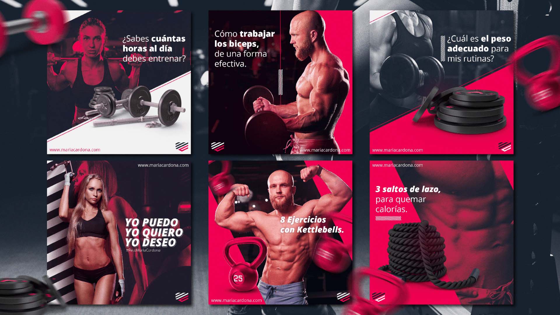 Fitness social media campaign in black, white, and vivid pink.