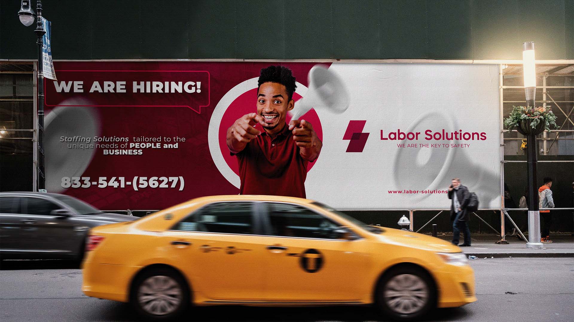 Staffing company billboard campaign displayed in a city environment.