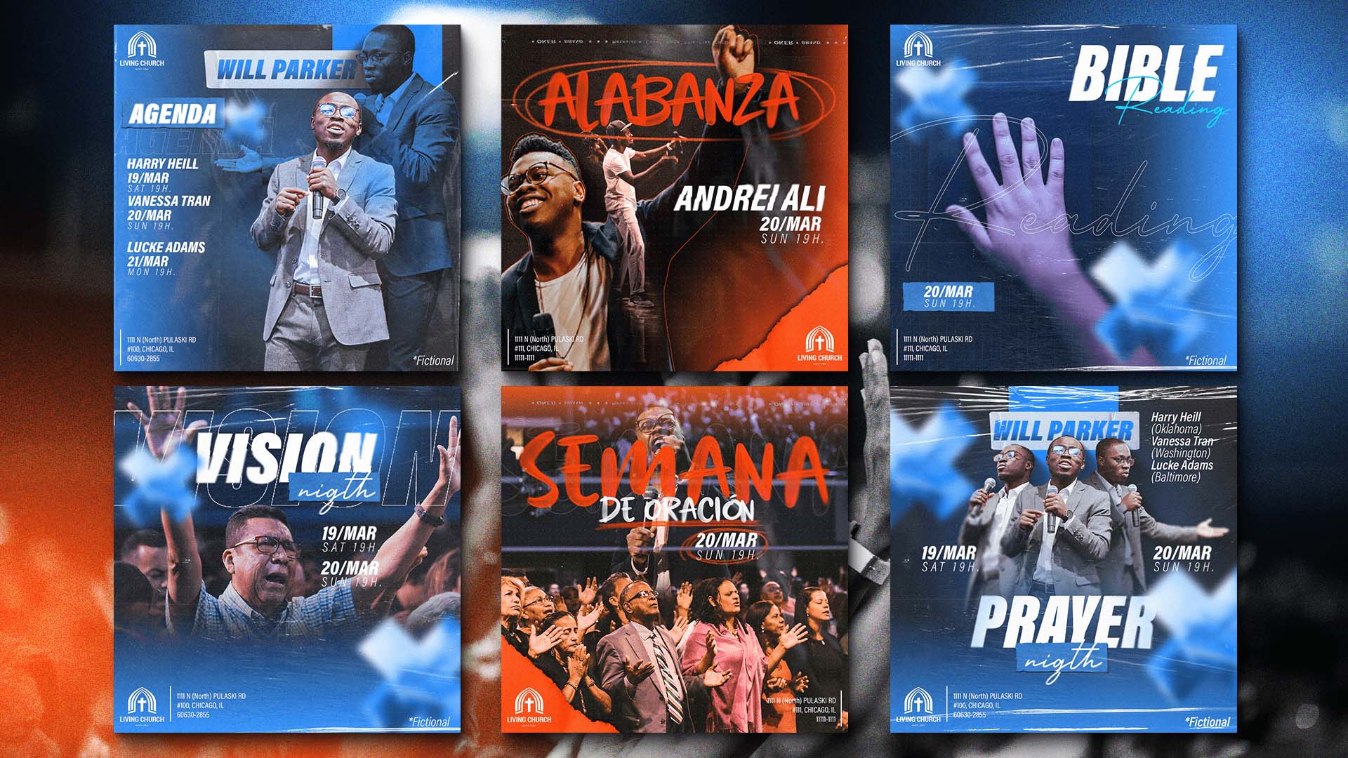 Church event and worship social media campaign in blue and orange.