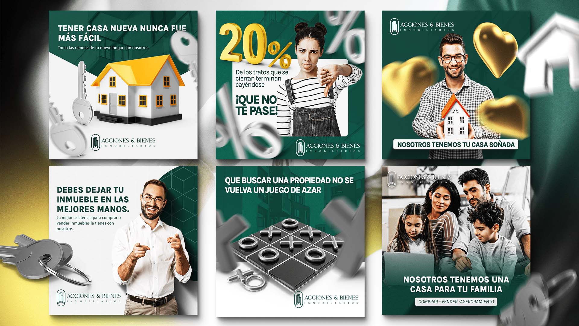 Real estate social media campaign in green, gold, and white.
